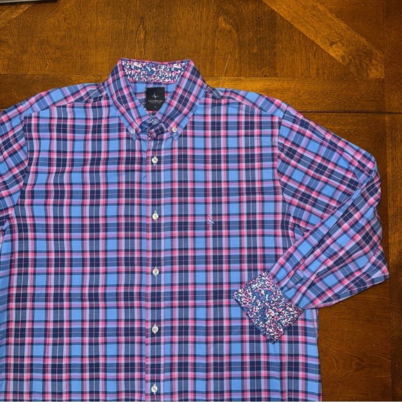 Tailorbyrd Shirt Mens Large Blue Pink Plaid Button Up Long Sleeve Flip Cuff - Picture 3 of 8